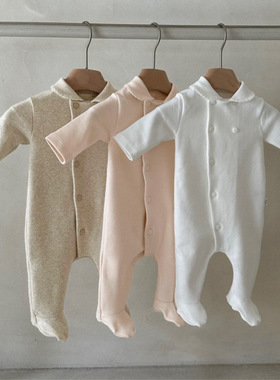 新生儿衣服2025春款a类ins童装婴儿单排扣长款连袜连体衣包脚哈衣