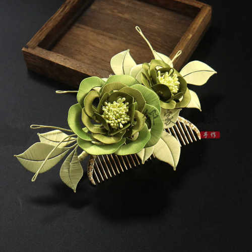 手工缠花古风制作青柠牡丹发梳子
