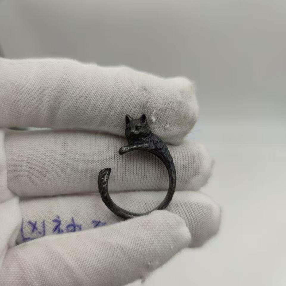 黑色猫咪造型开口戒指动物日常指环男女对戒可调节指环个性装饰戒