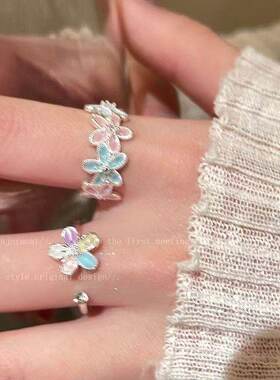 轻奢小众彩色宝石花朵戒指女拉丝宽面开口指环设计师款甜美简约
