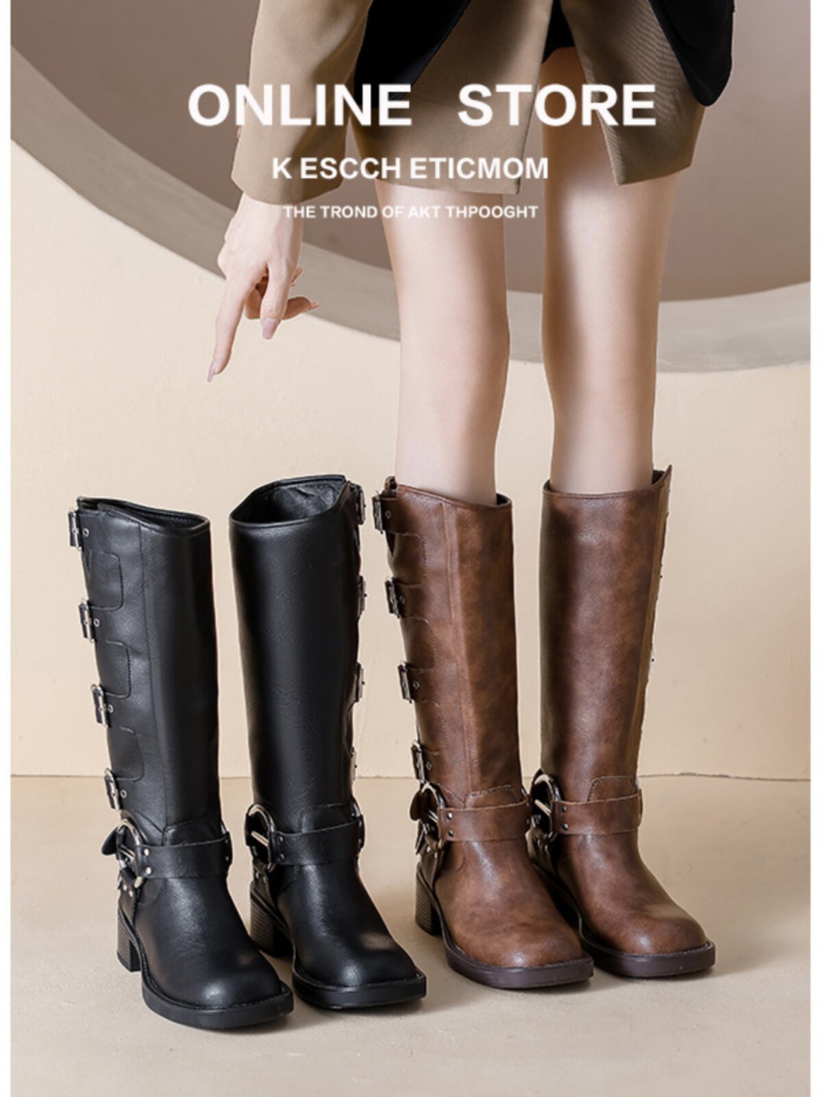 CATWALK 스타일 벨트 버클 두꺼운 힐 와이드 레그 나이트 부츠 여성  가죽 두꺼운 레그 스트레이트 부츠 레트로 웨스턴 부츠 하이