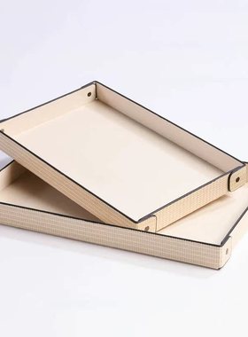 现代简约金属皮革编织纹托盘创意摆件收纳置物桌面茶几酒店样板间