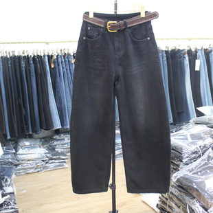 保暖阔腿弯刀裤 女装 2025年冬季 艾拿55110黑色宽松植绒阔腿牛仔裤