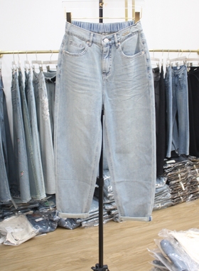 艾拿28009浅蓝色松紧腰薄料牛仔垮裤2025年夏季新款女显瘦九分裤