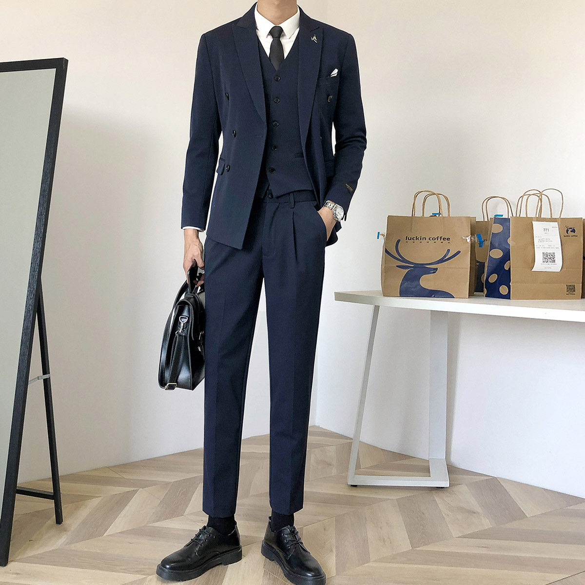 KOREAN VERSION OF DOUBLE-BREASTED SUIT SUIT MENS CASUAL RUFFIAN SLIM WEDDING DRESS BUSINESS FORMAL SUIT THREE-PIECE SUIT