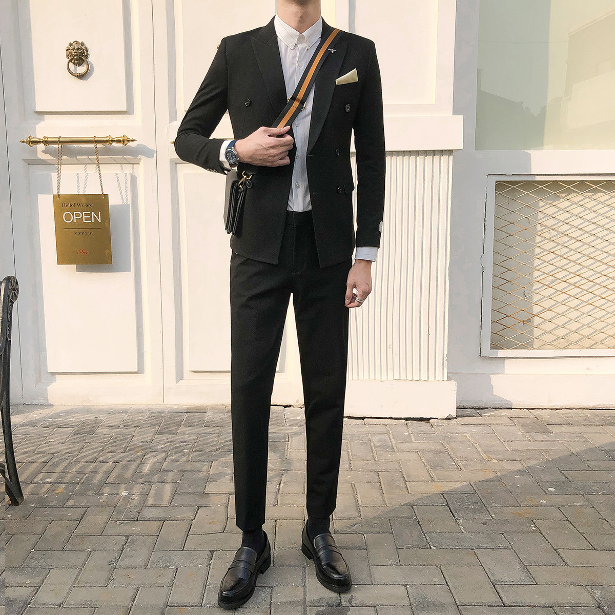MENS BRITISH SMALL SUIT TREND SLIM KOREAN CASUAL DOUBLE-BREASTED SUIT SUIT MENS BUSINESS TWO-PIECE SUIT
