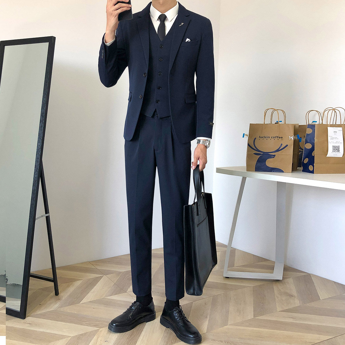KOREAN VERSION SUIT SUIT MENS THREE-PIECE SLIM GROOMS WEDDING BRITISH CASUAL HANDSOME FORMAL SUIT HIGH-END SUIT MEN
