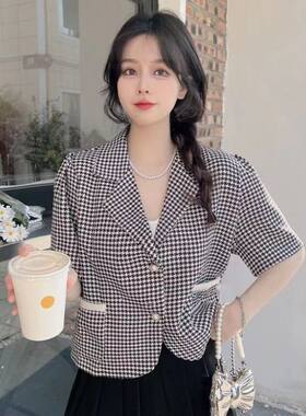 千鸟格法式小众上衣ins小香风短袖衬衫女夏季2023新款V领衬衣外套