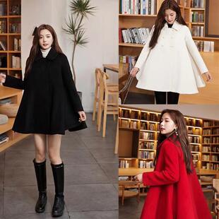 韩版秋冬新款娃娃装斗篷大衣毛呢外套新年红气质显瘦保暖加厚里布