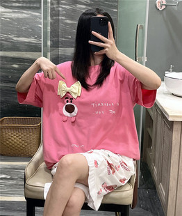日系短袖 睡衣女夏可爱草莓小熊家居服大码 胖mm200斤花边短裤 套装
