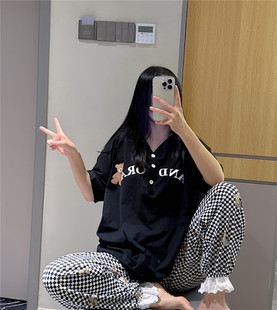 短袖睡衣女春夏V领纯棉小熊家居服大码胖mm200斤花边格子长裤套装