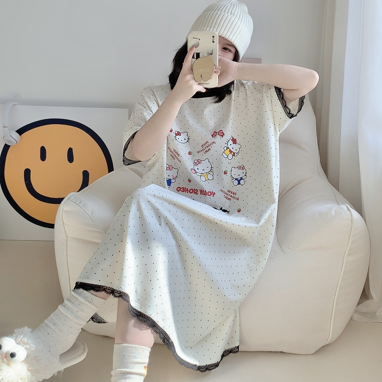 短袖睡裙女夏天甜美可爱蕾丝花边KT猫咪睡衣大码胖mm200斤家居服
