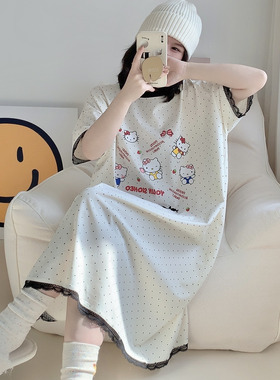 短袖睡裙女夏天甜美可爱蕾丝花边KT猫咪睡衣大码胖mm200斤家居服