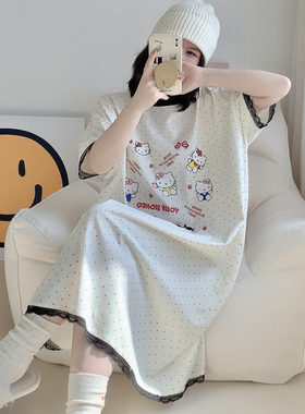 短袖睡裙女夏天甜美可爱蕾丝花边KT猫咪睡衣大码胖mm200斤家居服