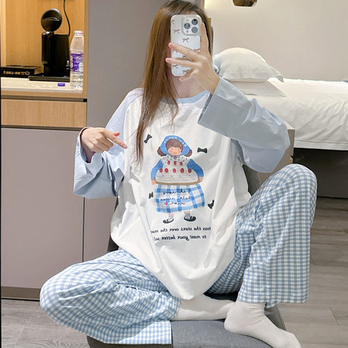 长袖睡衣女秋纯棉甜美可爱女孩印花家居服大码胖mm二百斤格子套装