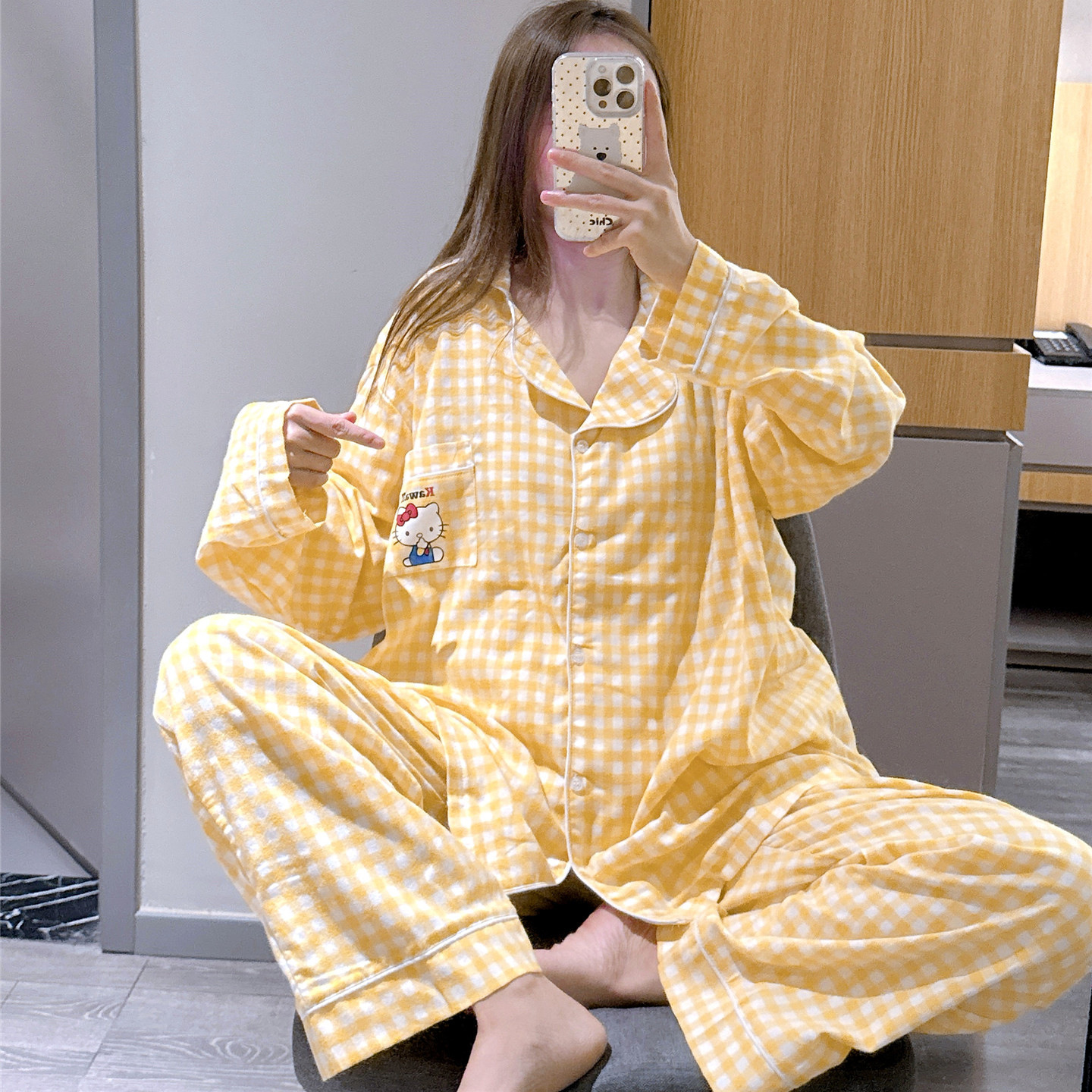 长袖睡衣女春秋翻领可爱猫咪印花家居服大码200斤格子长裤套装