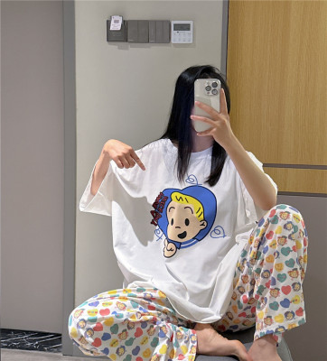 短袖睡衣女春夏纯棉可爱卡通原田志印花家居服大码胖mm200斤套装
