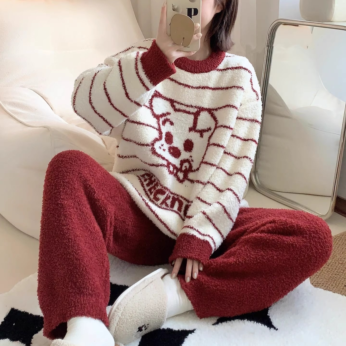 日系半边绒睡衣女秋冬甜美可爱小狗家居服加厚软绵绵大码保暖套装