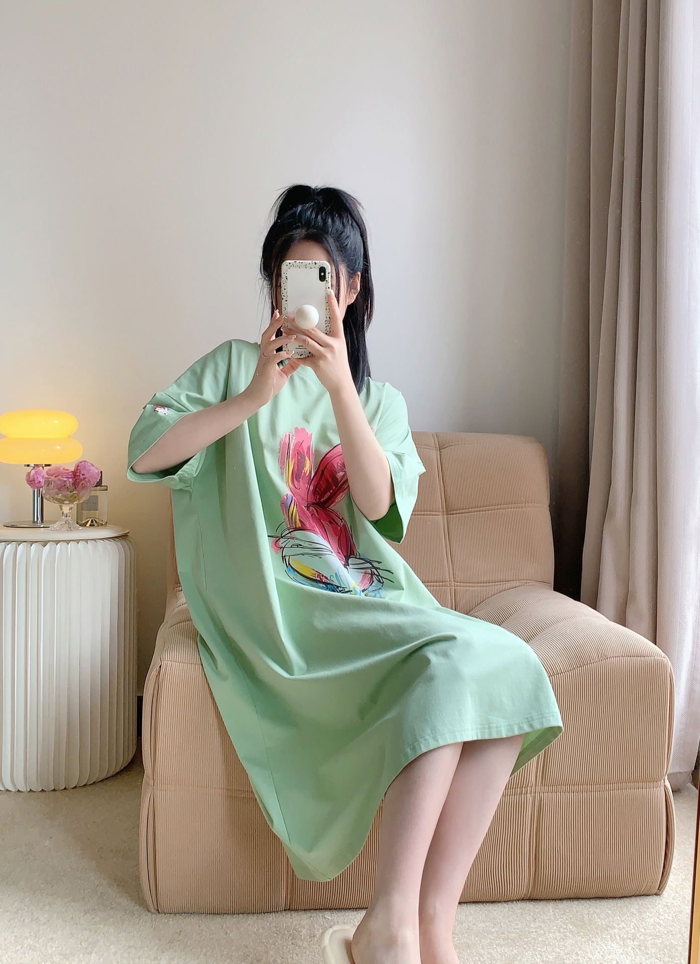 日系短袖睡裙女夏薄款纯棉卡通手绘兔子睡衣大码胖mm200斤家居服