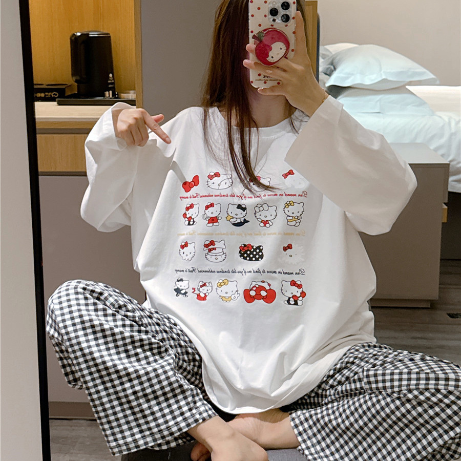 日系春秋季长袖睡衣女薄款纯棉甜美猫咪家居服大码胖mm200斤套装