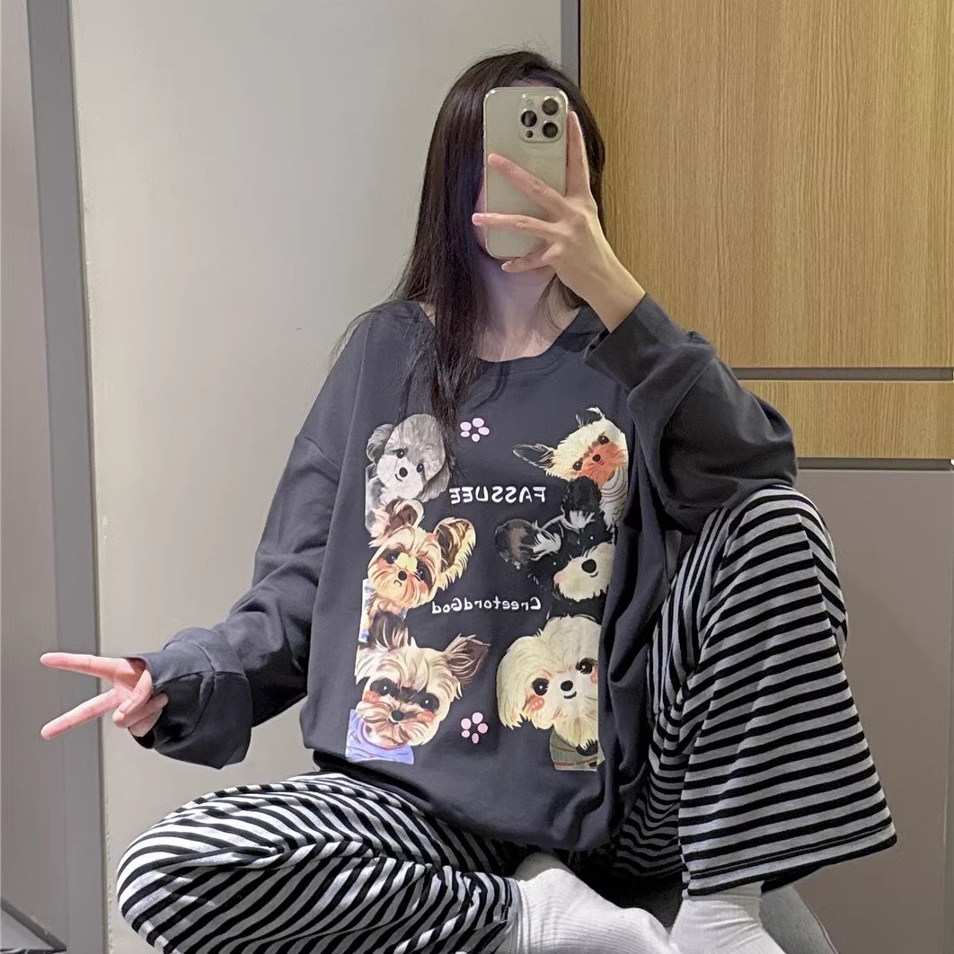 日系睡衣女秋纯棉可爱小狗印花家居服大码胖mm200斤条纹长裤套装