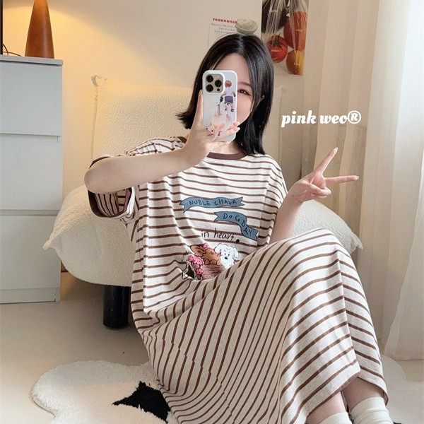 短袖睡裙女夏卡通狗休闲宽松A字版睡衣显瘦条纹大码200斤居家服