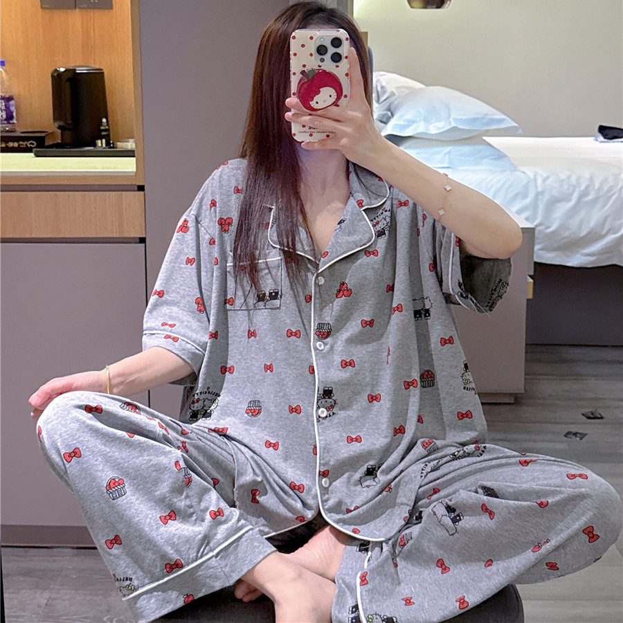 短袖开衫睡衣夏纯棉蝴蝶结猫咪印花家居服大码胖mm200斤长裤套装