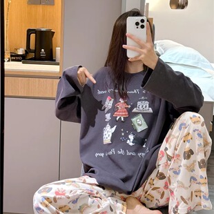 春秋季 长袖 睡衣女甜美可爱卡通印花家居服宽松大码 胖mm200斤套装