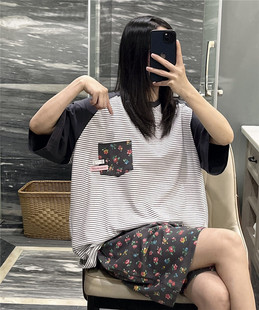 日系慵懒短袖 可外穿 睡衣女夏纯棉小碎花家居服大码 胖mm200斤套装