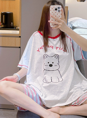 短袖睡衣女夏甜美可爱小狗家居服大码胖mm200斤显瘦条纹短裤套装