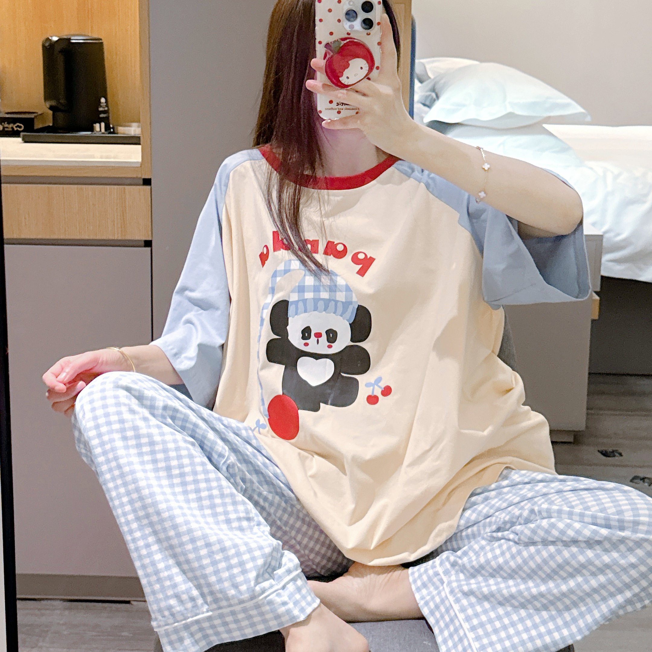 短袖睡衣女夏可爱睡帽熊猫印花家居服大码胖mm200斤格子长裤套装,女士内衣/男士内衣/家居服,睡衣/家居服套装,淘宝优惠券,粉丝福利购,淘宝优惠卷