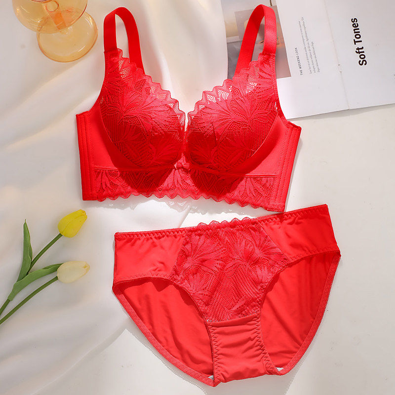 2023新款内衣内裤套装一套蕾丝红色结婚新娘小胸聚拢文胸abc胸罩