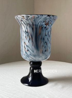HERGARDEN中古风蓝彩洒金渐变法式手工玻璃大口径艺术花器