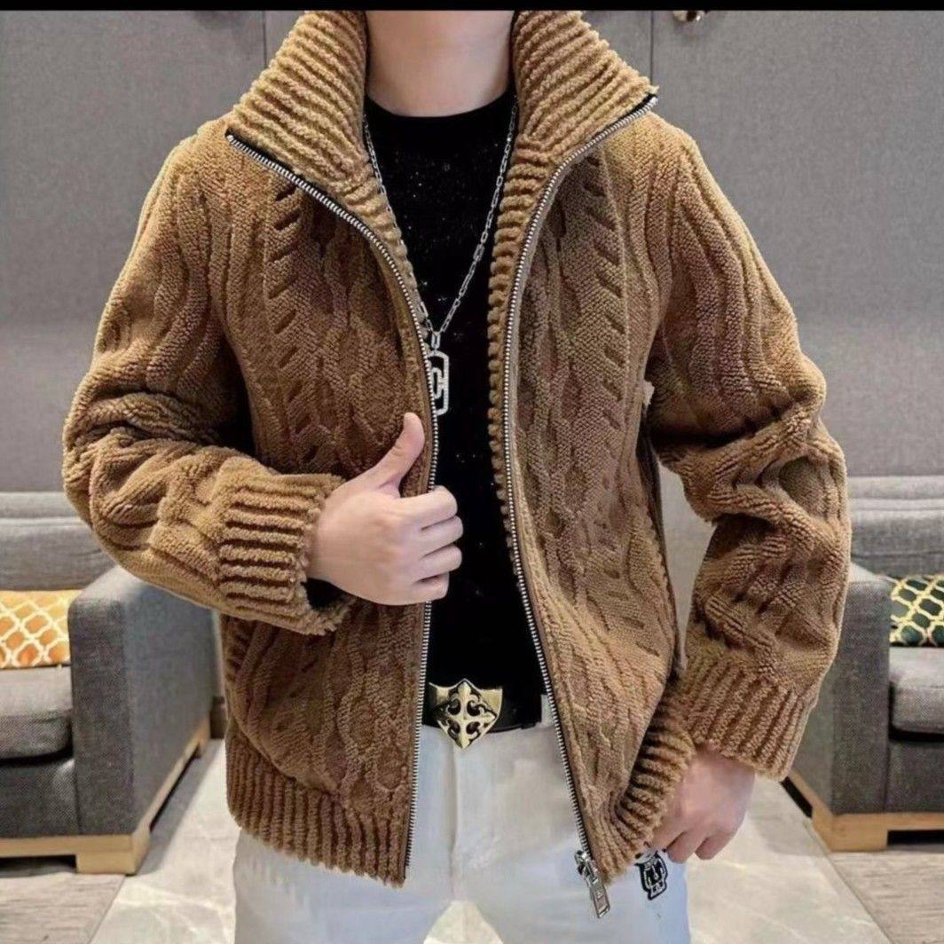 高档男装秋冬季新款男士两面穿休闲商务夹克时尚潮流保暖拉链毛衣