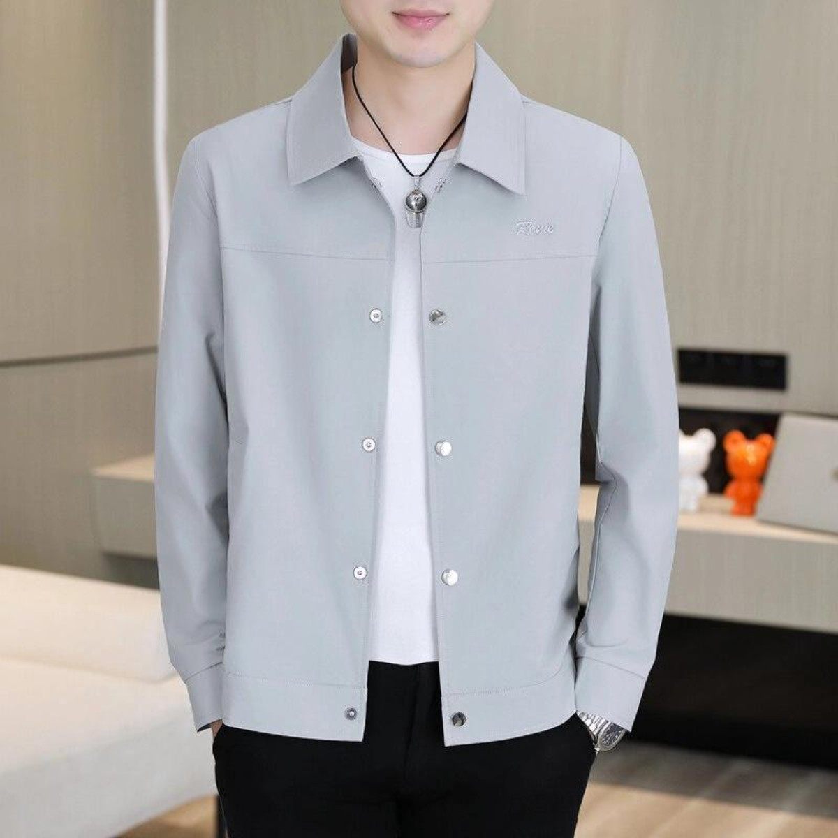 春夏秋潮牌冰丝行政夹克商务休闲翻领防晒衣男士时尚刺绣外套潮