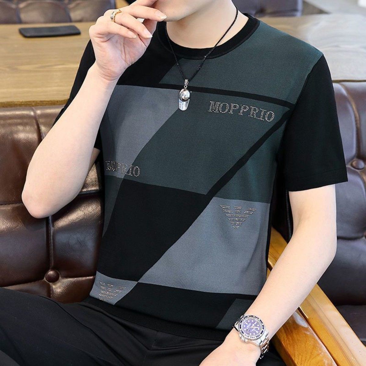 高档夏季圆领印花短袖t恤男针织新款衫潮流修身男装薄款帅气上衣