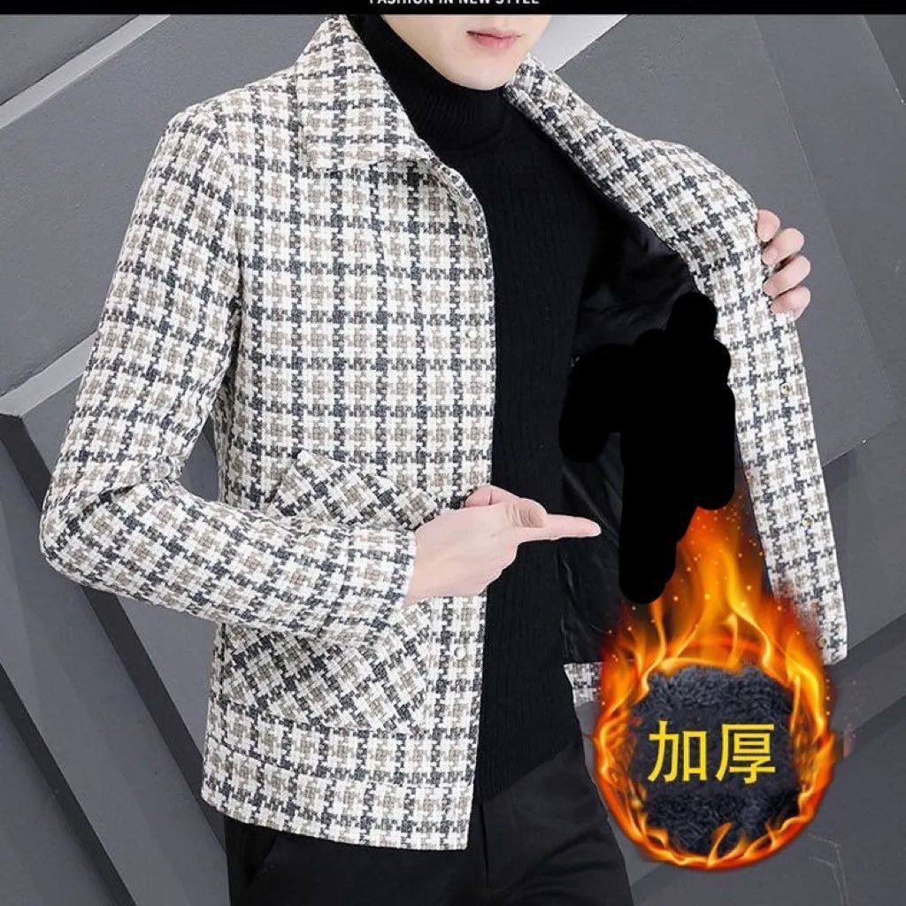 夹克男加绒加厚潮流帅气短款休闲呢子小风衣翻领格子男士冬季外套