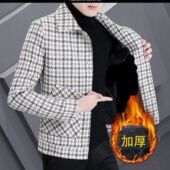 冬季 夹克男加绒加厚潮流帅气短款 休闲呢子小风衣翻领格子男士 外套