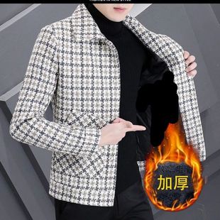 夹克男加绒加厚潮流帅气短款休闲呢子小风衣翻领格子男士冬季外套