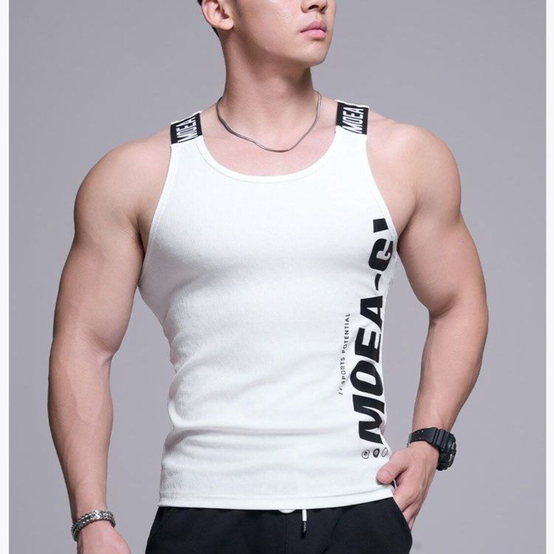 夏季新款字母印花罗纹背心男高弹紧身透气运动训练打底无袖上衣