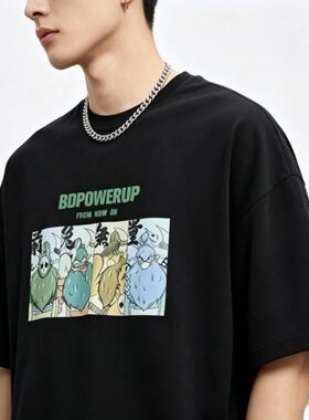美式街头动漫漫画印花圆领 T 恤男女同款夏季宽松休闲情侣款上衣