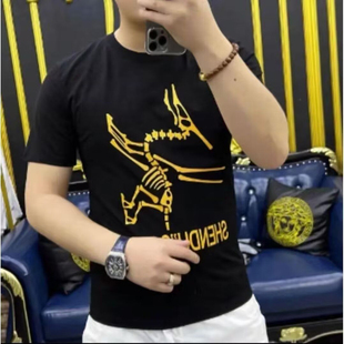 100%纯棉黑色恐龙骨架印花潮流T恤 休闲百搭圆领短袖半袖上衣
