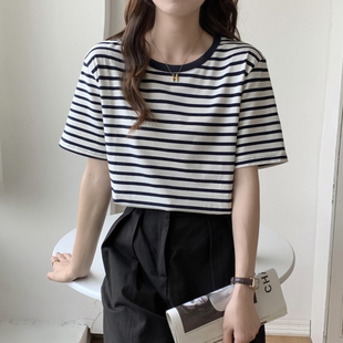 百搭宽松纯棉绿色条纹体恤女上衣服 短袖 t恤女夏季 薄款 2025年新款