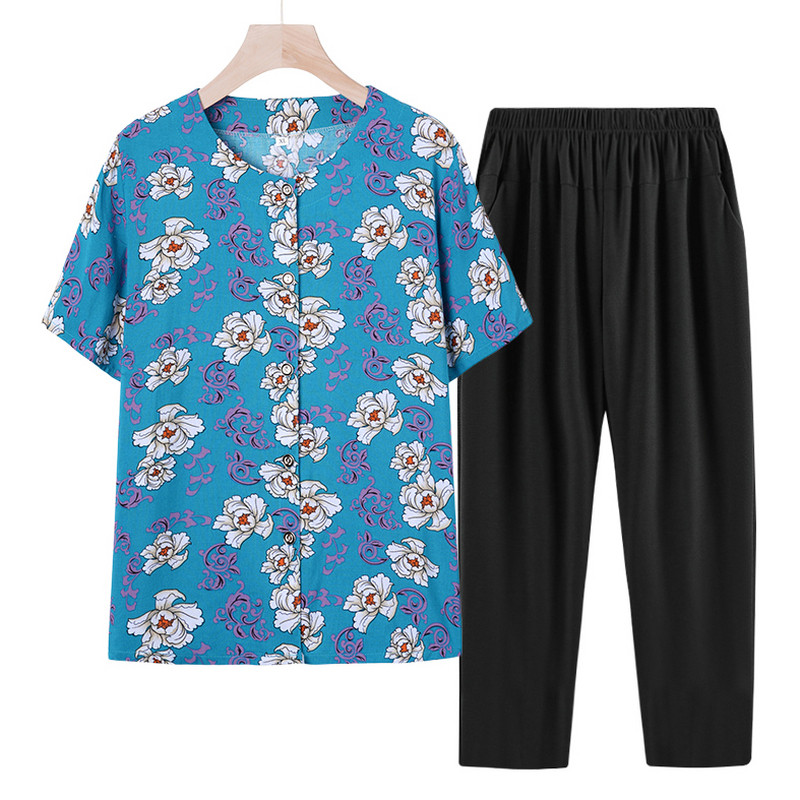 中老年女装奶奶夏装套装老年人妈妈两件套老人衣服上衣老太太长袖