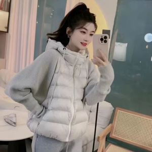 时尚套装女秋冬新款针织拼接羽绒棉服连帽短款外套束脚卫裤两件套