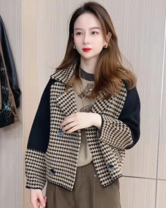 欧货时尚短款千鸟格毛呢外套女秋冬针织拼接百搭宽松气质夹克上衣