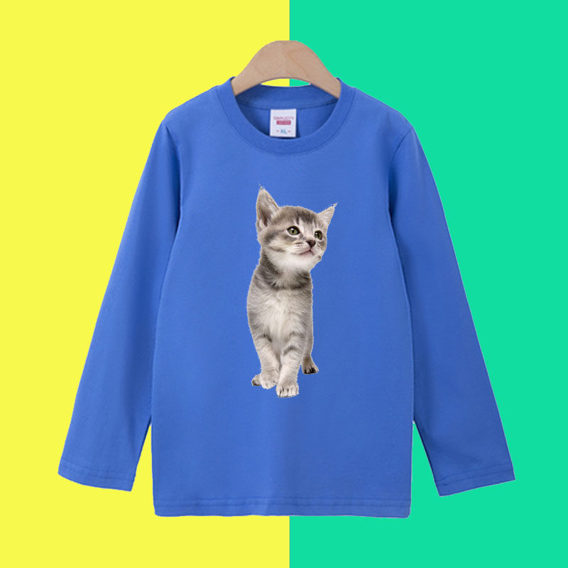 儿童红色上衣学生纯棉春秋季男童女童小猫长袖T恤打底衫