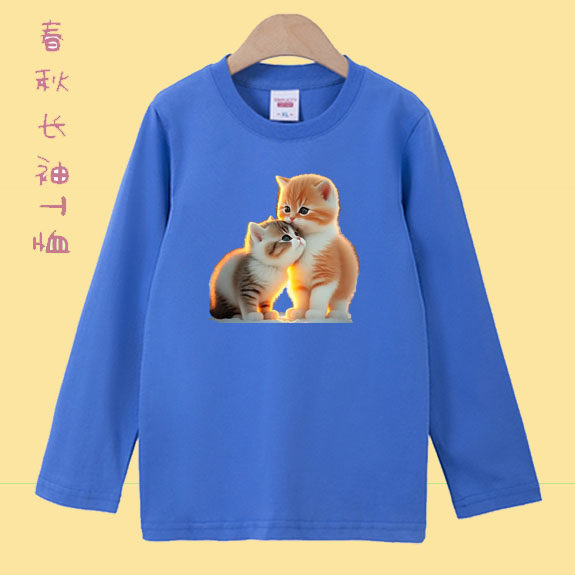 儿童长袖T恤春秋学生男童女2026学生小猫字母印花打底衫上衣