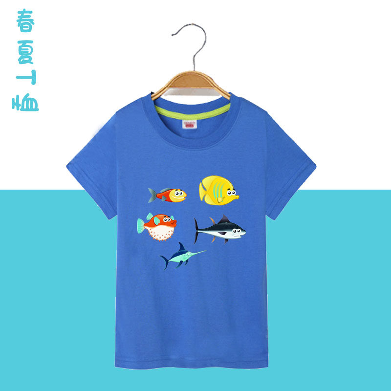 纯棉可爱卡通鲸鱼短袖T恤女童夏季海豚2026新款宽松大童上衣男女
