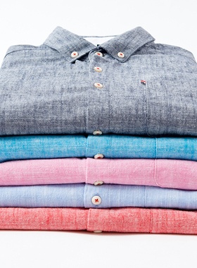 意宾春秋新款棉麻长袖衬衫男中青年韩版修身水洗纯色休闲衬衣男装